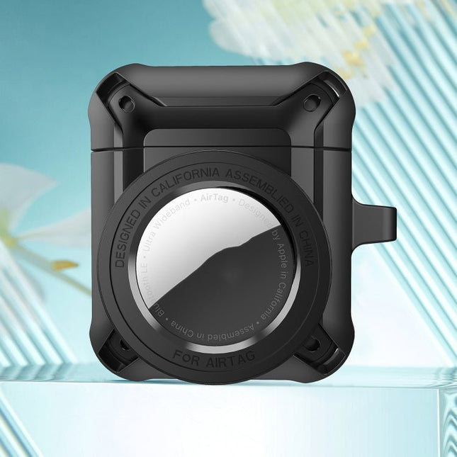 A Protective Case for Daily AirPods Use with AirTagSlot shown in rugged black design with visible AirTag slot and charging port access