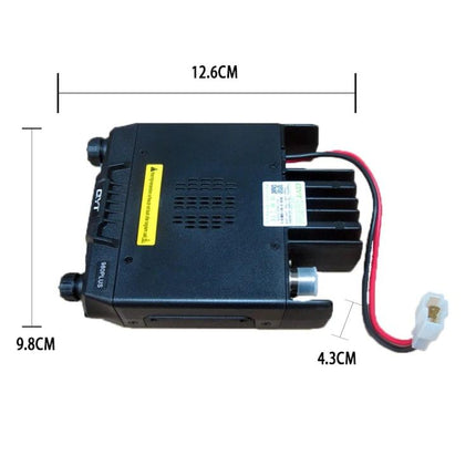QYT KT-980 Plus Dual Band Mobile Radio for Vehicles compact vehicle-mounted unit showing dimensions and power cable