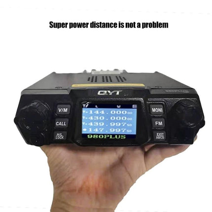 QYT KT-980 Plus Dual Band Mobile Radio for Vehicles handheld front view showing display and controls held in hand