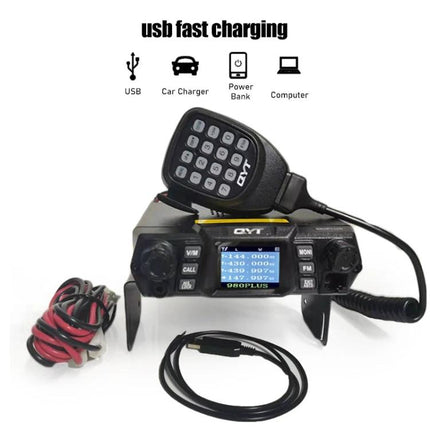 QYT KT-980 Plus Dual Band Mobile Radio for Vehicles showing radio unit, mic, power cable and USB charging cable