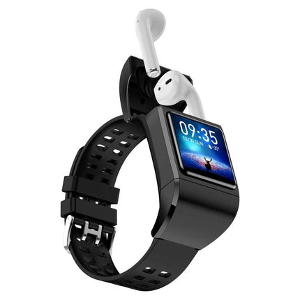 Daily Companion Smart Watch for Health and Activity Monitoring displaying time and paired with wireless earbuds, black sport band, step and sleep tracking