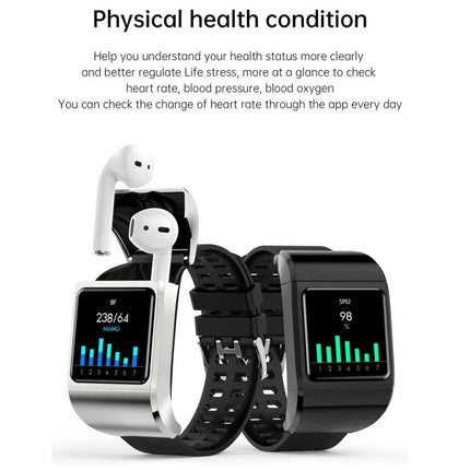Daily Companion Smart Watch for Health and Activity Monitoring showing two smartwatch models with health data screens and wireless earbuds