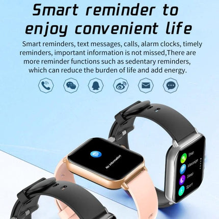 A Practical Watch for Daily Health and Wellness Tracking showing two smartwatches displaying reminders, heart rate and activity icons