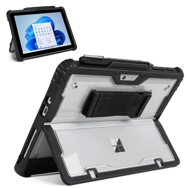 Portable Acrylic Hand Strap Case for Surface Devices showing clear acrylic back, black strap, and built-in kickstand for secure tablet grip