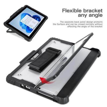Transparent Acrylic Laptop Case with Hand and Shoulder Strap for Surface Pro showing clear back, hand strap and adjustable bracket for multiple viewing angles