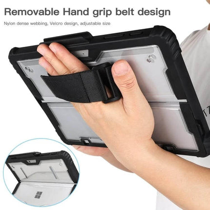 Transparent Acrylic Laptop Case with Hand and Shoulder Strap for Surface Pro showing removable hand grip belt and clear acrylic back