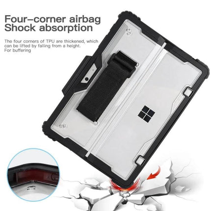 Transparent Acrylic Laptop Case with Hand and Shoulder Strap for Surface Pro showing clear protective case with hand strap and four-corner shock absorption