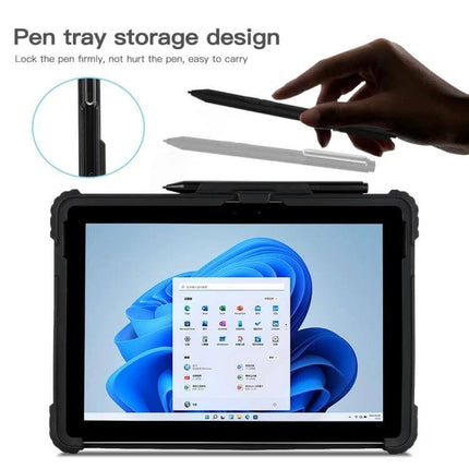 Transparent Acrylic Laptop Case with Hand and Shoulder Strap for Surface Pro showing pen tray storage design and Surface Pro with stylus