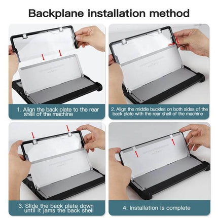 Transparent Acrylic Laptop Case with Hand and Shoulder Strap for Surface Pro being installed on Surface Pro showing backplane alignment and buckle steps