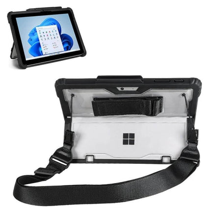 Transparent Acrylic Laptop Case with Hand and Shoulder Strap for Surface Pro showing clear back, hand strap and adjustable shoulder strap for on-the-go use