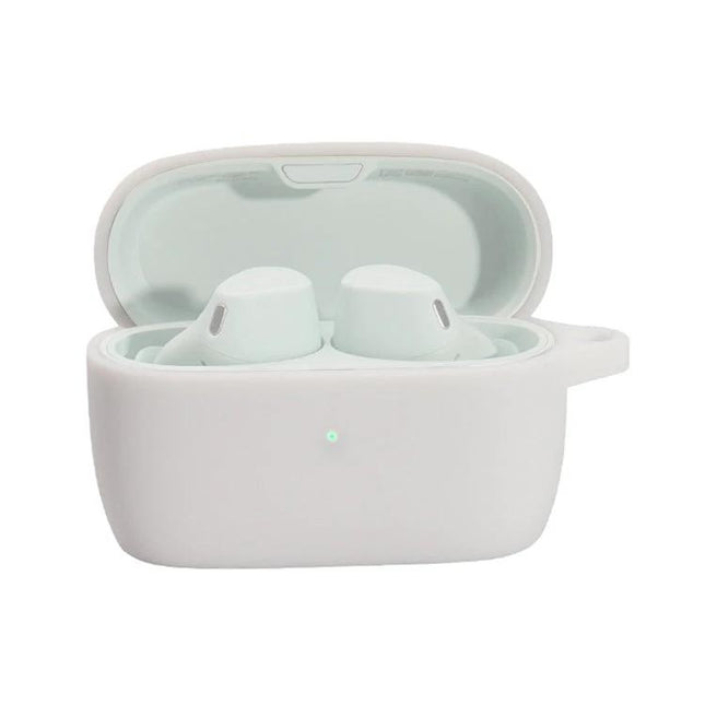 Keep your earphones protected during daily activities with this silicone case. White silicone protective case for wireless earbuds with 360-degree coverage