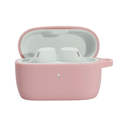 Keep your earphones protected during daily activities with this silicone case. Pink silicone wireless earphones case with earbuds inside