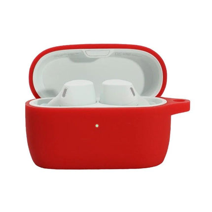 Keep your earphones protected during daily activities with this silicone case. Red silicone wireless earphones case showing earbuds inside