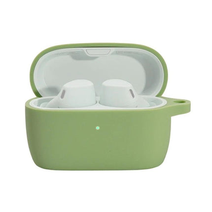 Keep your earphones protected during daily activities with this silicone case. Green silicone earphone case with earbuds visible, 360° protection
