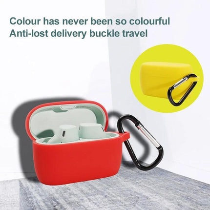 Keep your earphones protected during daily activities with this silicone case. Red silicone earphone case with carabiner, 360° protection
