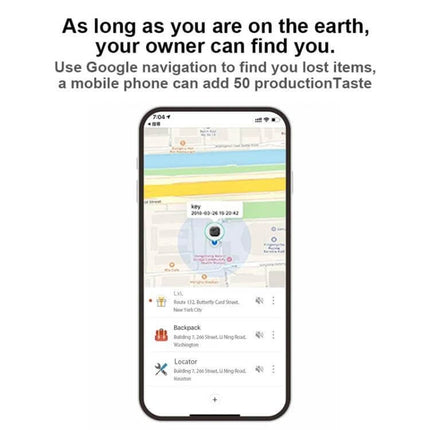Findmy Square Bluetooth Tracker for Locating Lost Items showing app map with item location and sound alert on smartphone