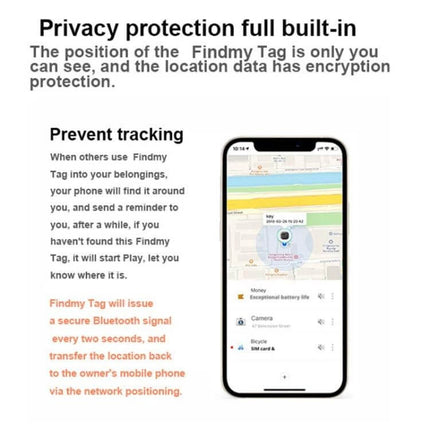 Findmy Square Bluetooth Tracker for Locating Lost Items showing app map, privacy protection and sound alert on smartphone screen