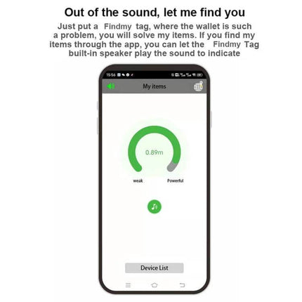 Findmy Square Bluetooth Tracker for Locating Lost Items app screen showing distance dial and sound alert button