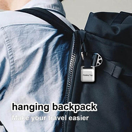 Findmy Square Bluetooth Tracker for Locating Lost Items attached to backpack zipper showing compact Bluetooth tag for travel