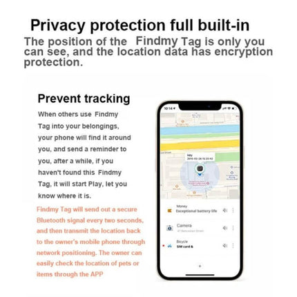 Findmy Special Shape Bluetooth Tracker for Lost Items Daily Use privacy protection image showing app map location and prevent tracking features