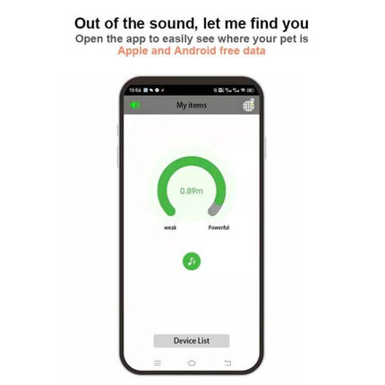 Findmy Special Shape Bluetooth Tracker for Lost Items Daily Use showing smartphone app distance meter and sound alert for locating items