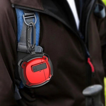 Huawei Earphone Case for Daily Commutes and Activities hanging on backpack with carabiner, red rugged 360-degree protective wireless earbuds case