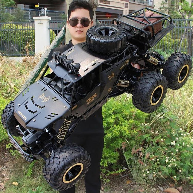 RC Car for Kids' Outdoor Play on Beaches and Grasslands - boy holding large black off-road RC truck for beach and grassland adventures