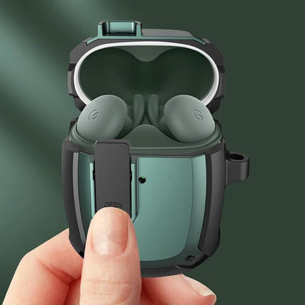 Protective Case for Google Pixel Buds A During Daily Commutes showing green earbuds in open anti-drop protective case