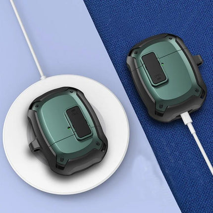 Protective Case for Google Pixel Buds A During Daily Commutes shown in green rugged anti-drop design on wireless charger and connected via cable