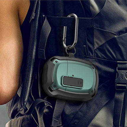 Protective Case for Google Pixel Buds A During Daily Commutes hanging from backpack with carabiner, 360-degree anti-drop protection