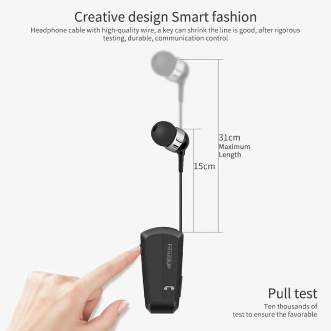 Fineblue Lavalier Bluetooth Earphone With Noise Reduction For Commuting showing retractable cable, earpiece and control module for hands-free use