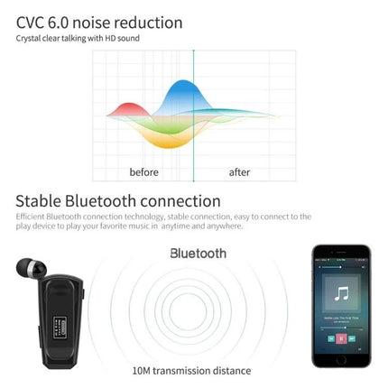 Fineblue Lavalier Bluetooth Earphone With Noise Reduction For Commuting showing CVC6.0 noise reduction graph and 10M Bluetooth range