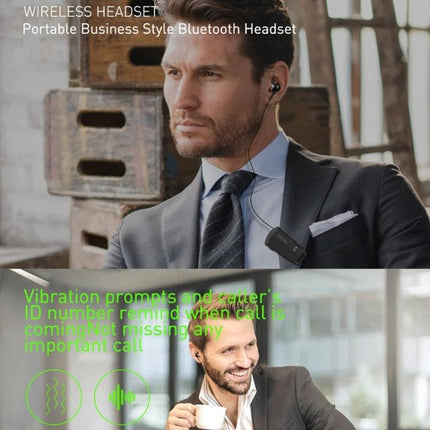 Fineblue Lavalier Bluetooth Earphone With Noise Reduction For Commuting shown worn by businessman using telescopic cable and vibration reminders