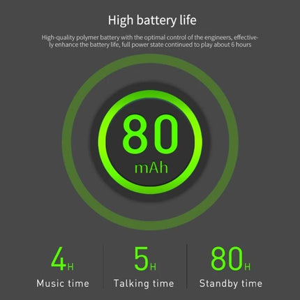Fineblue Lavalier Bluetooth Earphone With Noise Reduction For Commuting showing 80mAh battery, 4h music, 5h talk, 80h standby