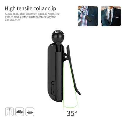 Fineblue Lavalier Bluetooth Earphone With Noise Reduction For Commuting showing high tensile 35° collar clip and compact clip-on storage