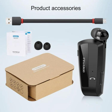 Fineblue Lavalier Bluetooth Earphone With Noise Reduction For Commuting shown with accessories, USB cable, ear tips, manual, compact case