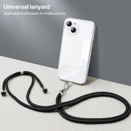 Adjustable Universal Lanyard for Hands-Free Mobile Phone Wear showing clear phone case and black adjustable strap worn around neck