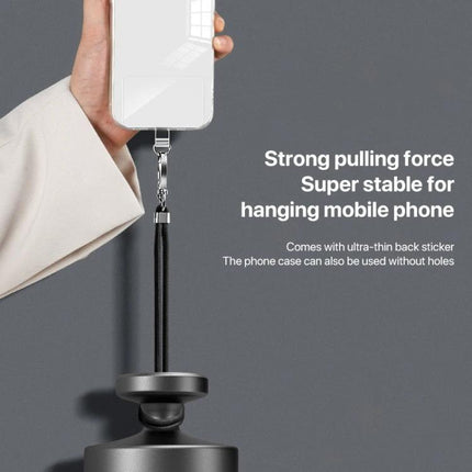 Adjustable Universal Lanyard for Hands-Free Mobile Phone Wear showing phone hanging securely from neck lanyard with strong pulling force