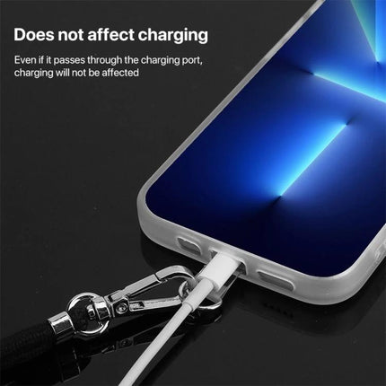 Adjustable Universal Lanyard for Hands-Free Mobile Phone Wear showing lanyard attached to phone while charging, cable passing through case