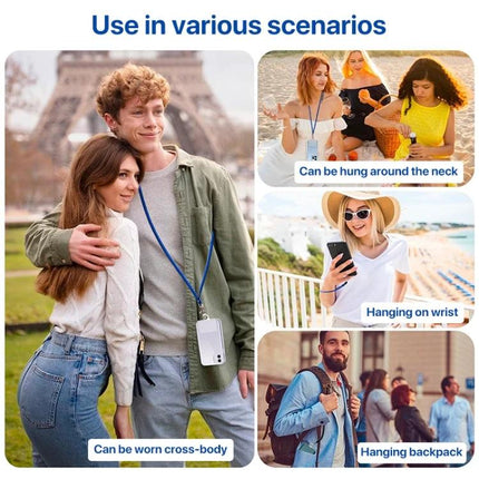 Adjustable Universal Lanyard for Hands-Free Mobile Phone Wear shown worn cross-body, around neck, wrist and attached to backpack