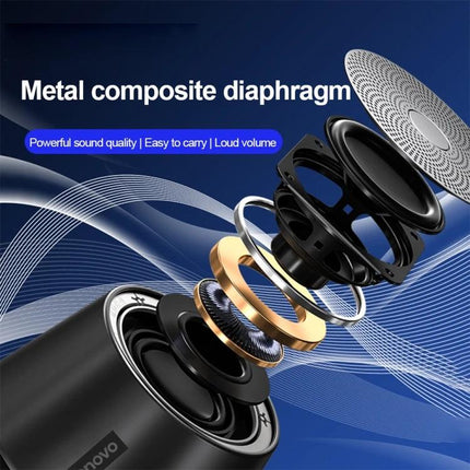 Lenovo Portable Bluetooth Speaker For Home And Outdoor Use showing exploded metal composite diaphragm speaker components