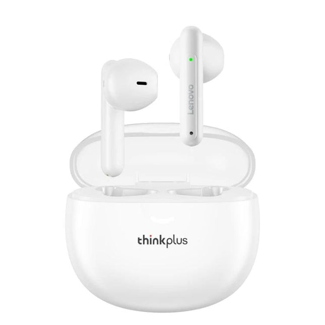 Lenovo Wireless Half In Ear Earbuds For Workouts And Commutes white Lenovo LP1Pro earbuds in open charging case