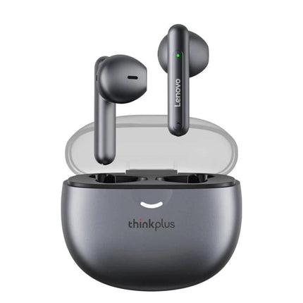 Lenovo Wireless Half In Ear Earbuds For Workouts And Commutes gray earbuds with charging case, secure fit for gym and commuting