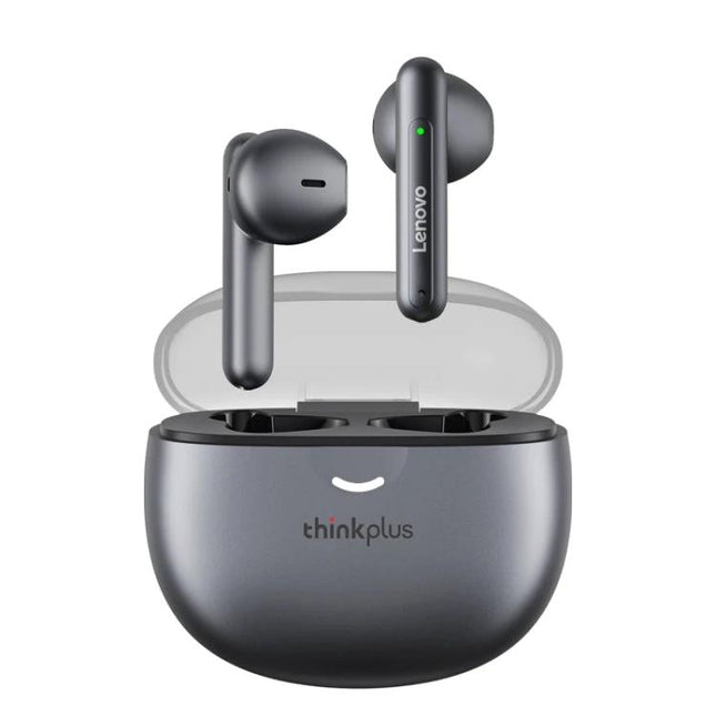 Lenovo Wireless Half In Ear Earbuds For Workouts And Commutes gray earbuds with charging case, secure fit for gym and commuting