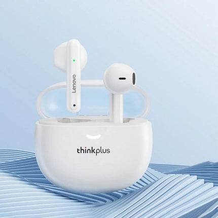Lenovo Wireless Half In Ear Earbuds For Workouts And Commutes in white with charging case, secure fit for gym and travel