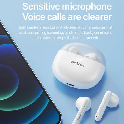 Lenovo Wireless Half In Ear Earbuds For Workouts And Commutes shown with charging case and phone for clear calls and gym use