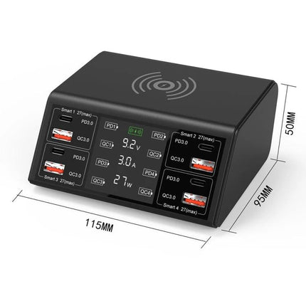 Multi-Device Charger for Daily Home and Travel Essentials black 9-device station with 4 Type-C ports, wireless pad and LED display