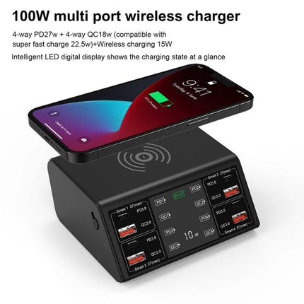 Multi-Device Charger for Daily Home and Travel Essentials shown charging a smartphone wirelessly and multiple devices via Type-C and USB ports