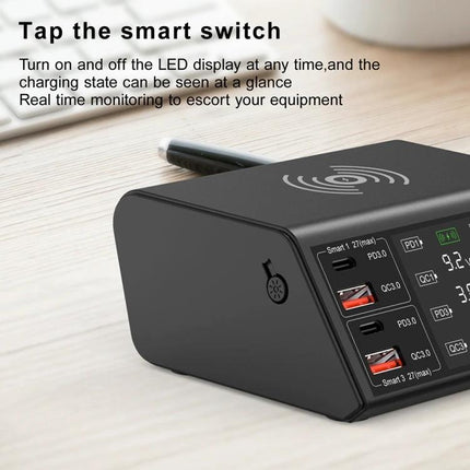 Multi-Device Charger for Daily Home and Travel Essentials showing wireless pad and multiple Type-C and USB ports on a compact black charging station