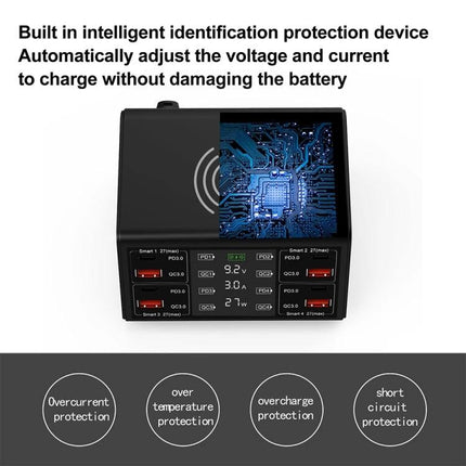 Multi-Device Charger for Daily Home and Travel Essentials - black 9-device charger with 4 Type-C ports, wireless pad and smart safety protection display